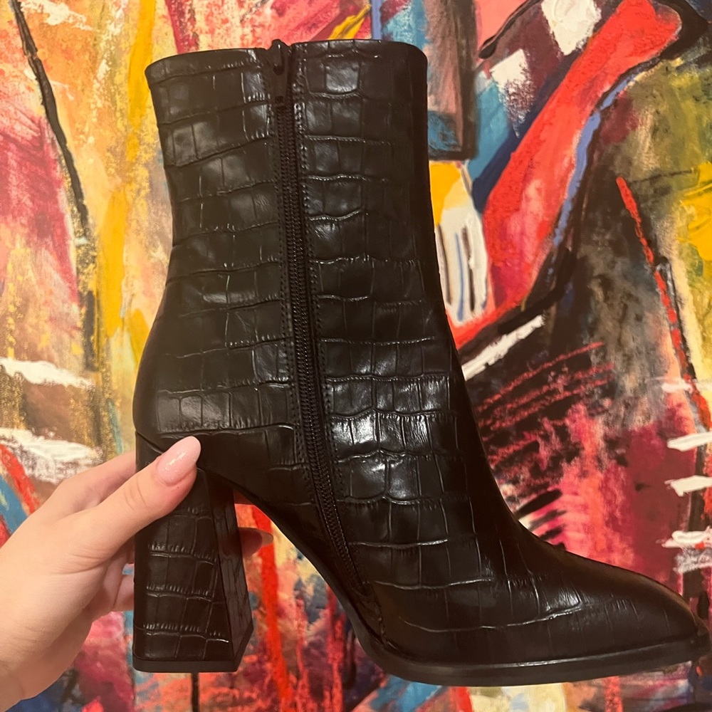 Croc printed leather square-toe ankle boots